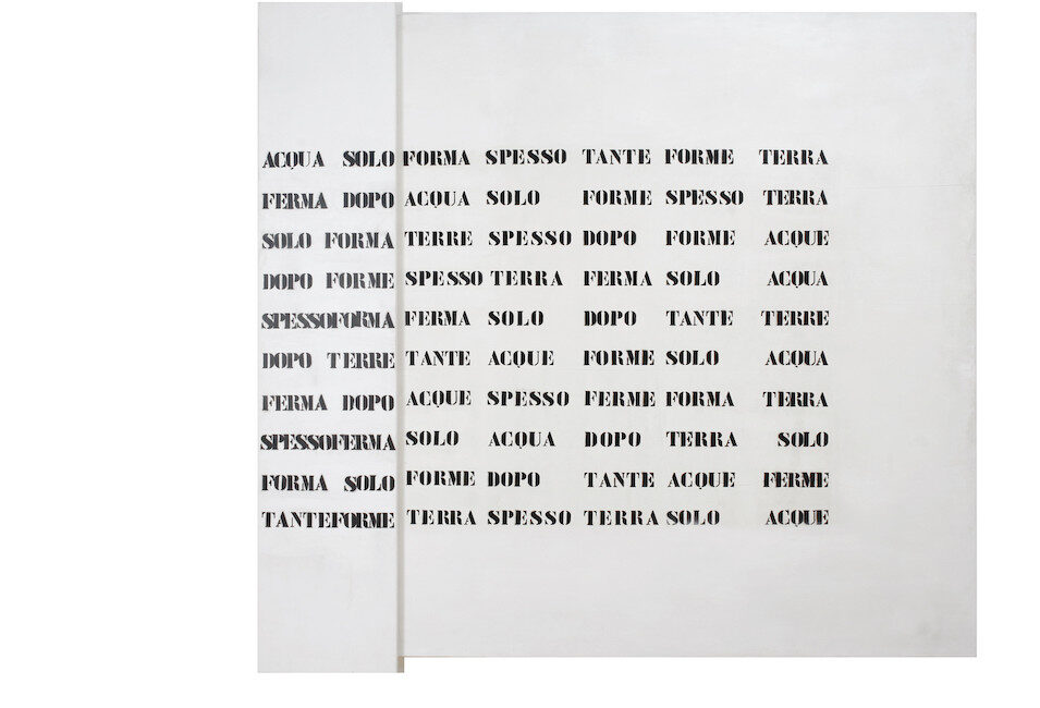 Abstract text-based artwork with bold uppercase Italian phrases repeated across two white panels on a pale background.