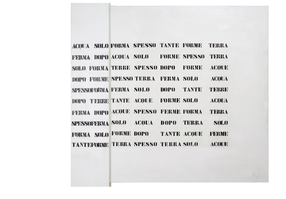 Abstract text-based artwork with bold uppercase Italian phrases repeated across two white panels on a pale background.