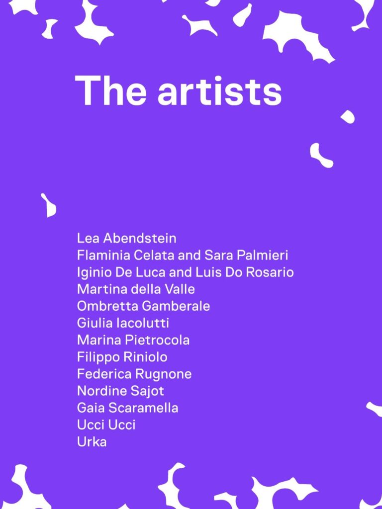 Poster with the title 'The artists' and a long list of artist names on a solid purple background with white decorative shapes.